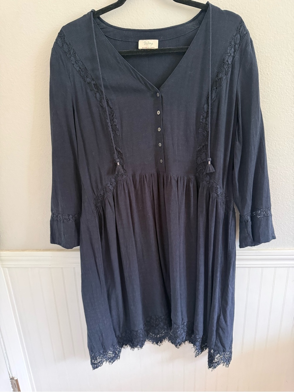 Wrap London Navy Long Sleeve Lace Trim Midi Dress - Picture 2 of 6